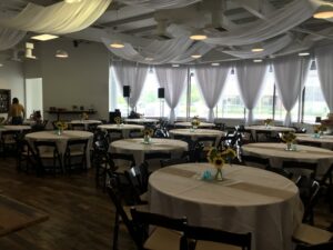 Room shot of tables staged for wedding reception