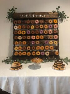 Custom made donut board for wedding guests in a variety of flavors, 660 LaFayette Street, Horton Events Downtown Nashville Custom made donut board for wedding guests in a variety of flavors, 660 LaFayette Street, Horton Events Downtown Nashville
