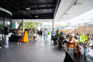 Booth setup under exterior covered patio canopy