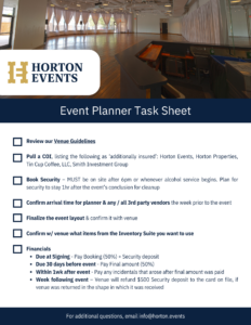 Event Planner Resources: Task List for event planners coordinating events at Horton Events